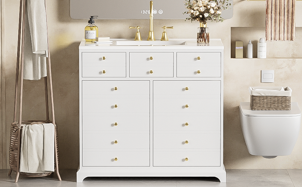 36" Bathroom Vanity with Ceramic Sink - Solid Wood