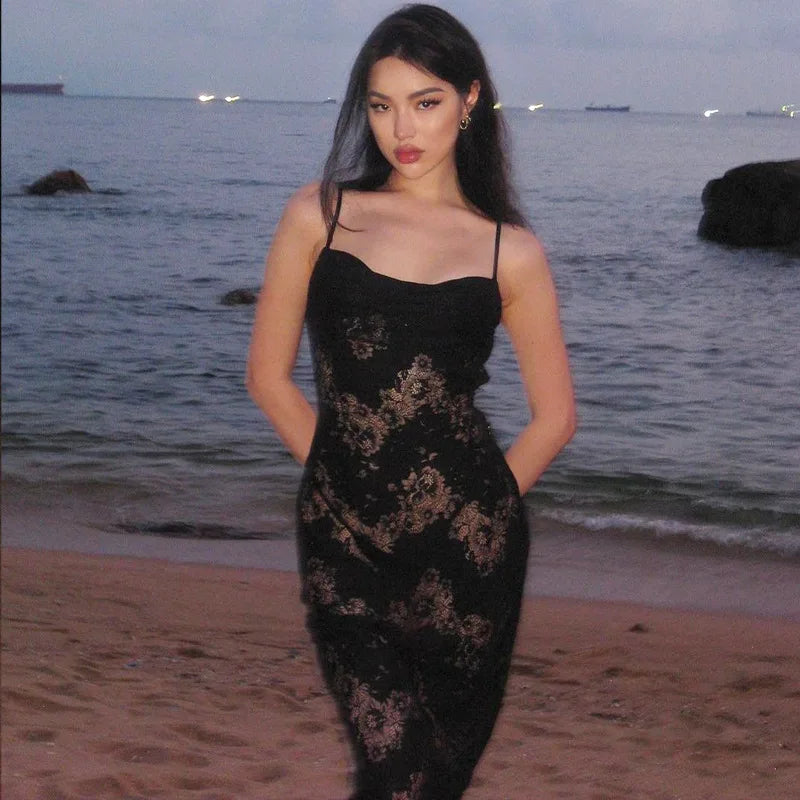 European and American women's 2023 autumn and winter new sexy mesh lace vest one shoulder sleeveless hollow suspender dress