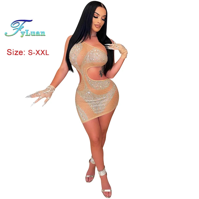 Mesh Perspective Women's Cut Out Waist Dress Inclined ShoulderSleeveless Set With Diamonds Slim Irregular Skirt Vacation Outfits