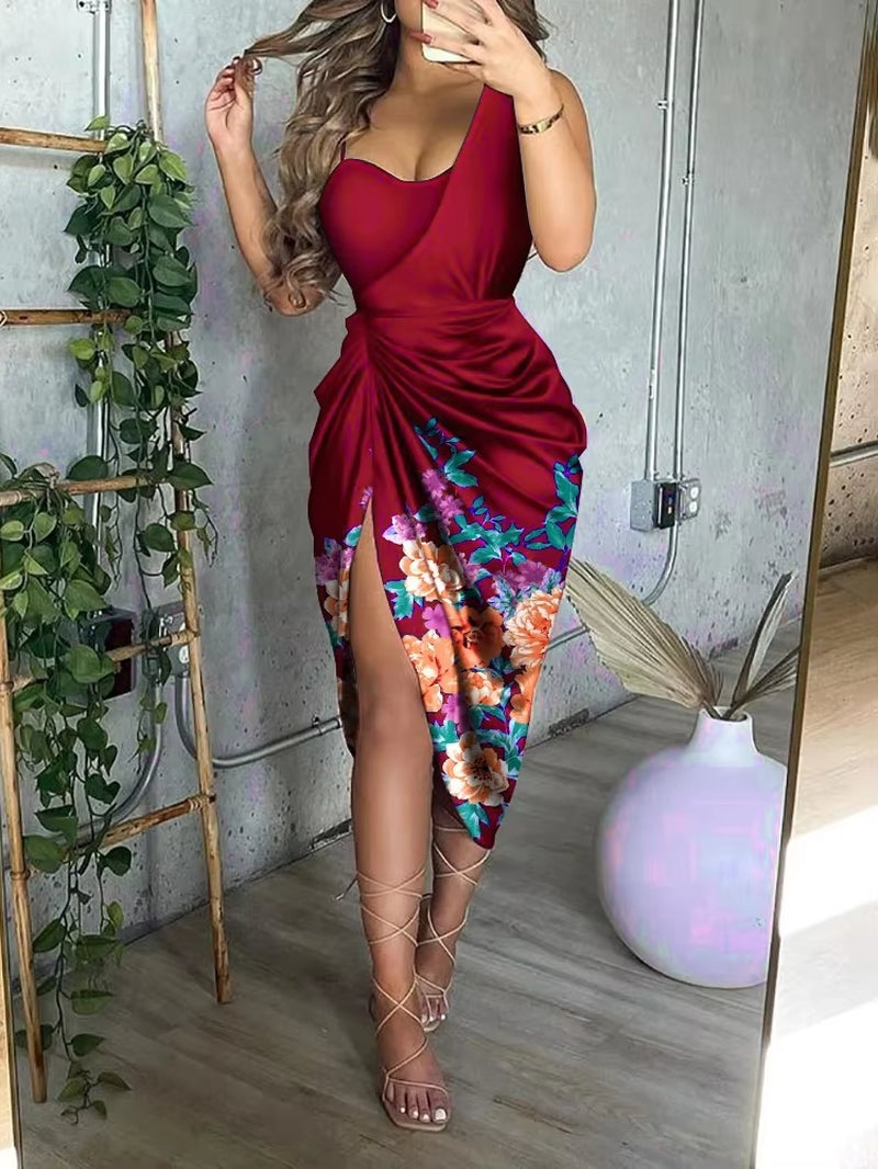 2025 Summer Women Sexy Dress One Shoulder Irregular Office Lady Smocked Slit Fashion Sequin Sewing Slim Fit Party Skirt