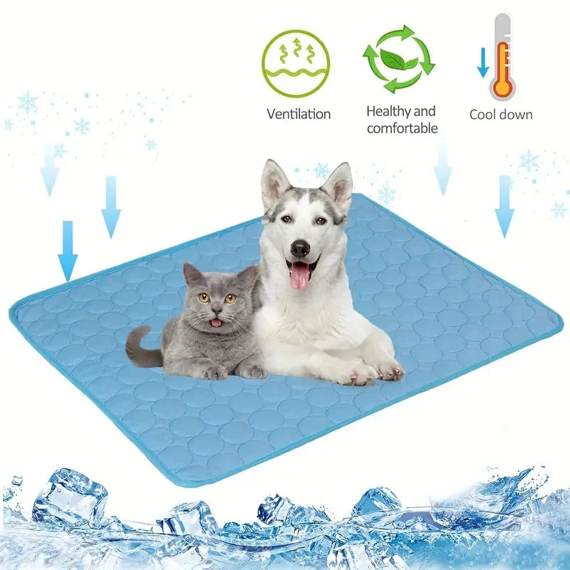 A large dog lying comfortably on cooling mat