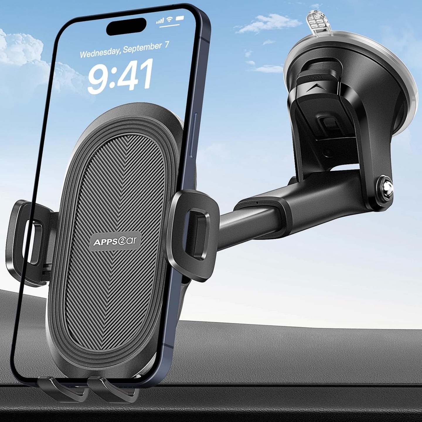 Apps2Car Universal Suction Cup Phone Mount for Windshield and Dashboard, Compatible with iPhone, Samsung, and All Cell Phones, Featuring Sticky Gel Pad