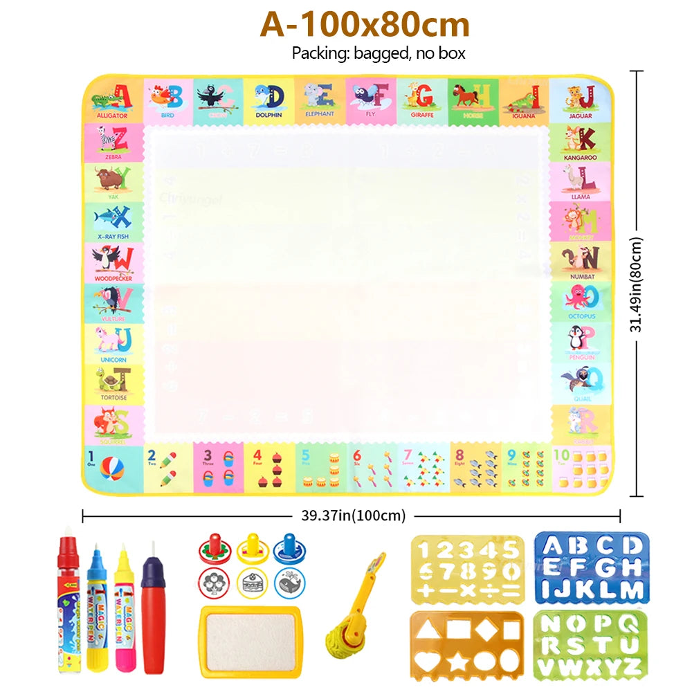 Children learning and playing on water doodle mat