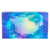 Deck box and metallic coin resting on playmat.