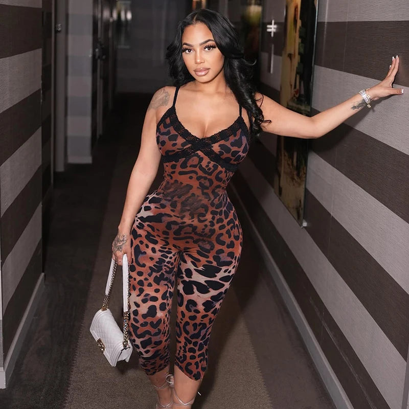 Front view of leopard lace-trim jumpsuit on model