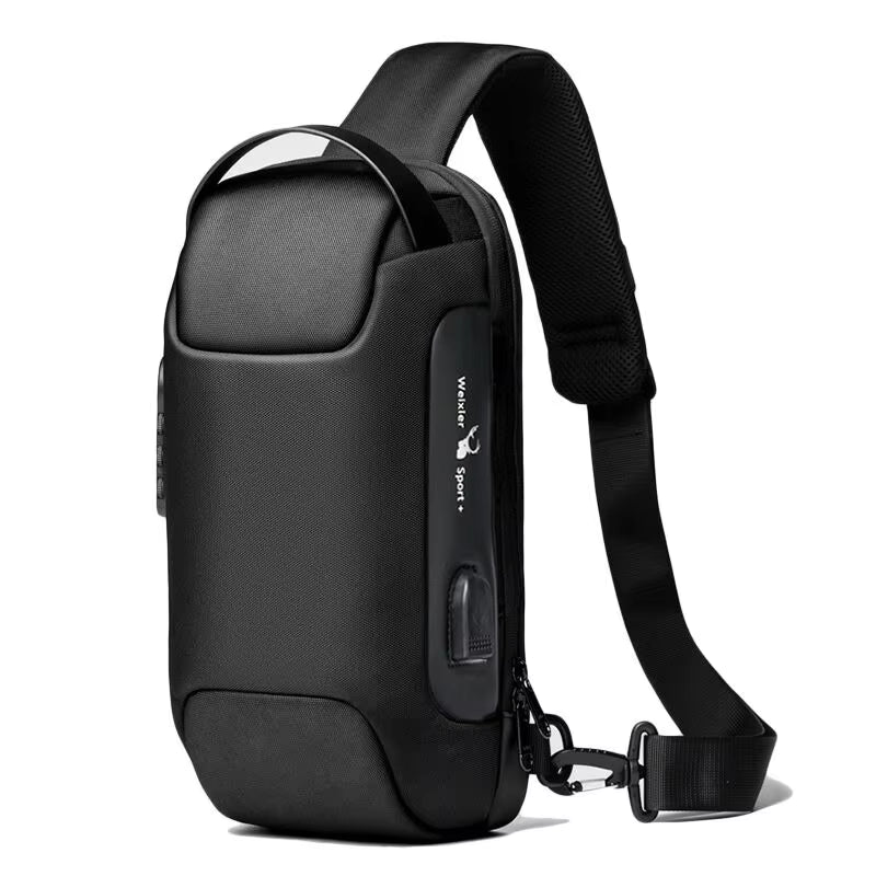 Men wearing USB anti-theft crossbody bag at the airport