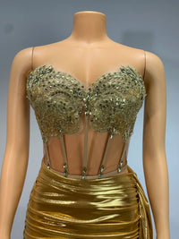 Women Glitter Top Two Pieces Short Skirt Sets Sexy Strapless Sequins Rhinestone Luxury Gold Dress Design 2024 Stage Show Outfit - stylishhomedecor2024.com