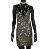 AKYZO 2025 Sexy See Through Shining Rhinestone Mini Dress Women