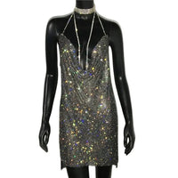 AKYZO 2025 Sexy See Through Shining Rhinestone Mini Dress Women