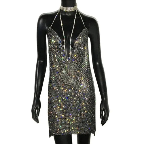 AKYZO 2025 Sexy See Through Shining Rhinestone Mini Dress Women