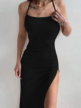 Sexy Black Long Bodycon Dress Women Summer Sleeveless Blackless Halter - stylishhomedecor2024.com