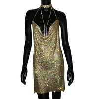 AKYZO 2025 Sexy See Through Shining Rhinestone Mini Dress Women