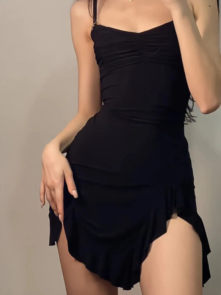 Women Sexy Side Slit Ruffled Mini Dress Sleeveless Spaghetti Strap - stylishhomedecor2024.com