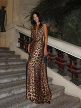 Women Elegant Leopard Print Lace-up Halter Dress Sexy Backless Deep - stylishhomedecor2024.com