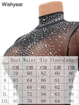 Wishyear Crystal Mesh Sheer Black Long Sleeve Bodycon Short Dress for