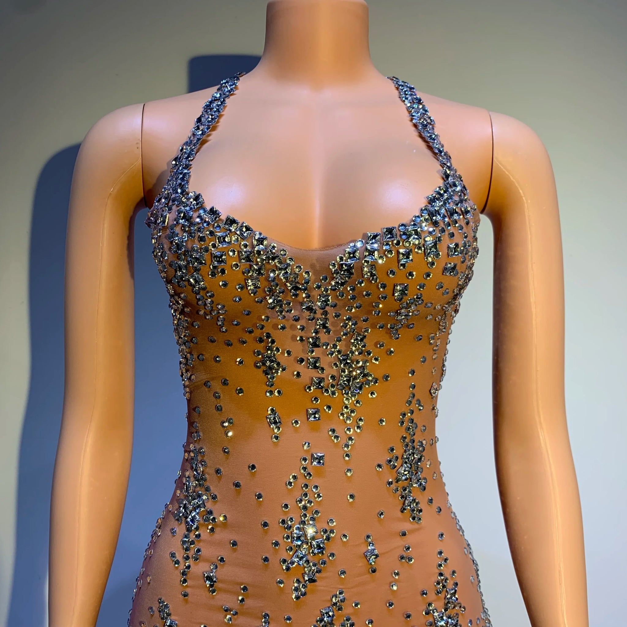 Sparkly Rhinestone V Neck Stretch Mesh Sexy See Through Dress Women - stylishhomedecor2024.com