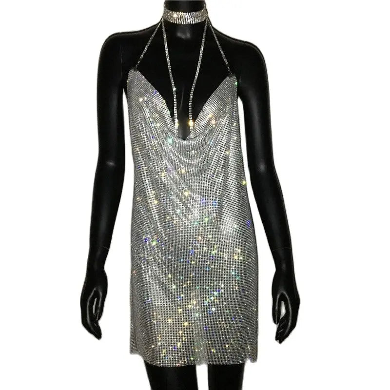 AKYZO 2025 Sexy See Through Shining Rhinestone Mini Dress Women