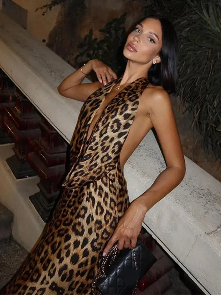 Women Elegant Leopard Print Lace-up Halter Dress Sexy Backless Deep - stylishhomedecor2024.com