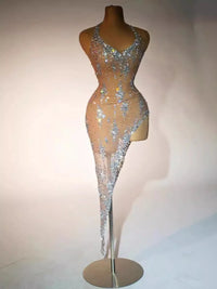 Sparkly Rhinestone V Neck Stretch Mesh Sexy See Through Dress Women - stylishhomedecor2024.com