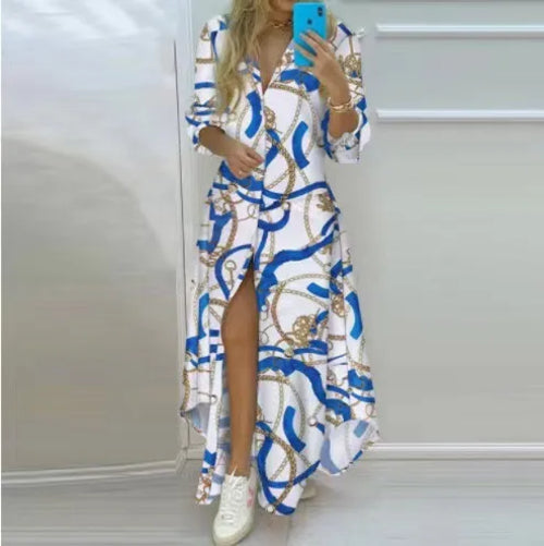 Women Boho Printed Long Shirts Dress Summer Turn-down Collar Long - stylishhomedecor2024.com