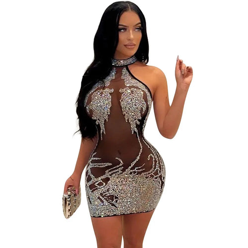 Sexy Mesh Rhinestone Short Prom Evening Mini Dress See Through Outfits