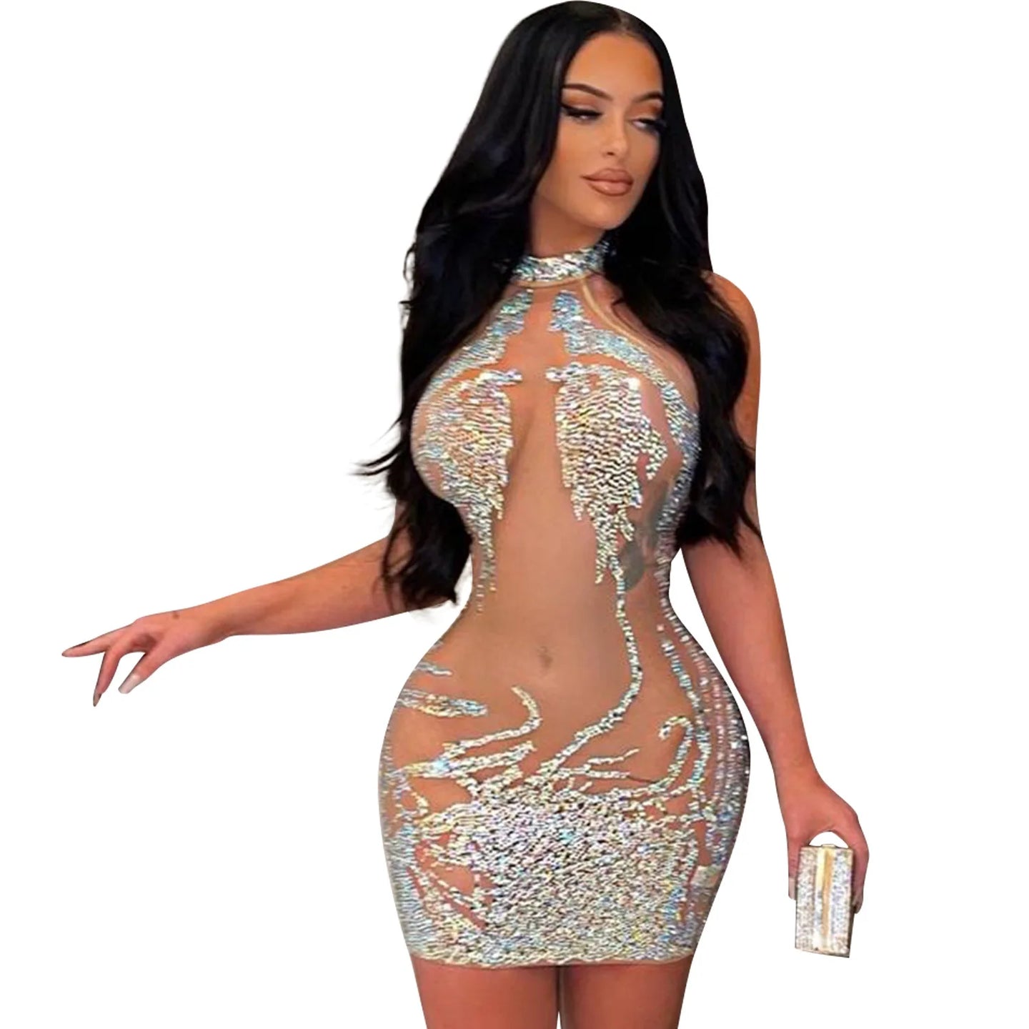 Sexy Mesh Rhinestone Short Prom Evening Mini Dress See Through Outfits