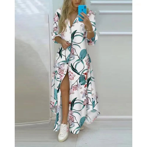 Women Boho Printed Long Shirts Dress Summer Turn-down Collar Long - stylishhomedecor2024.com