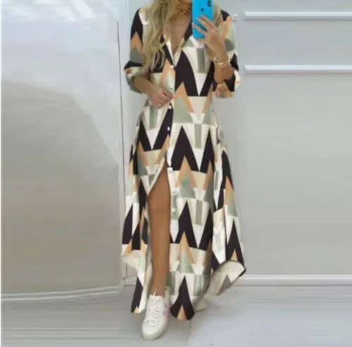 Women Boho Printed Long Shirts Dress Summer Turn-down Collar Long - stylishhomedecor2024.com