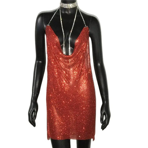 AKYZO 2025 Sexy See Through Shining Rhinestone Mini Dress Women