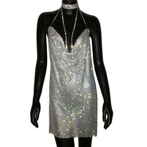 AKYZO 2025 Sexy See Through Shining Rhinestone Mini Dress Women