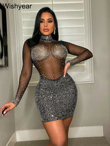 Wishyear Crystal Mesh Sheer Black Long Sleeve Bodycon Short Dress for