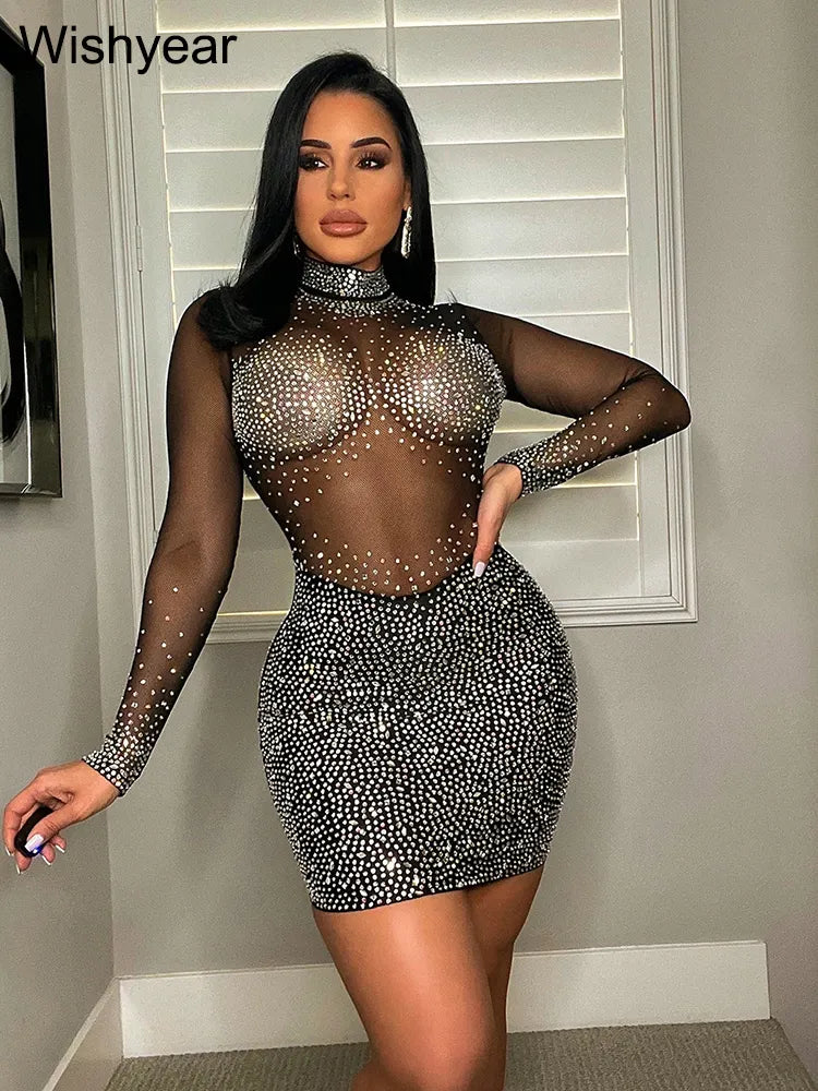 Wishyear Crystal Mesh Sheer Black Long Sleeve Bodycon Short Dress for
