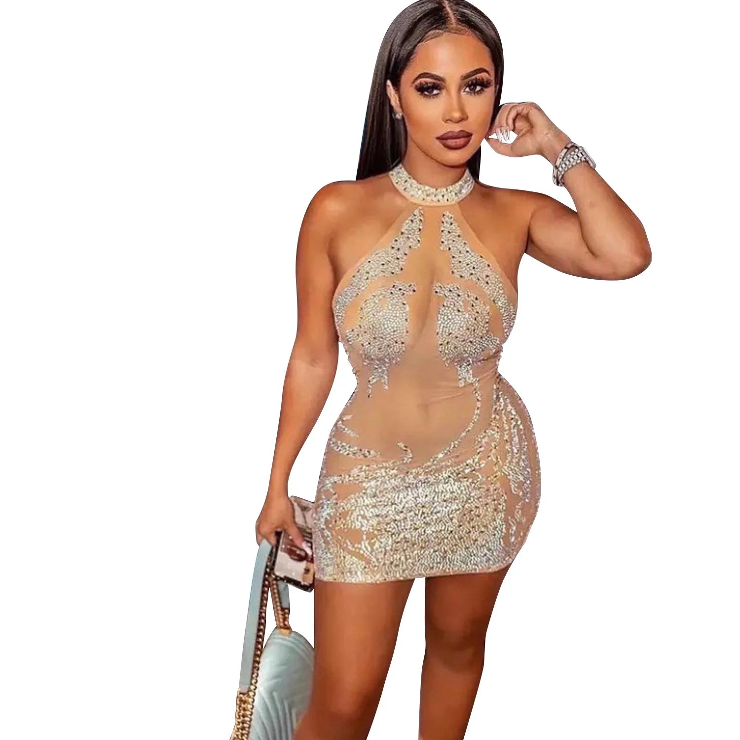 Sexy Mesh Rhinestone Short Prom Evening Mini Dress See Through Outfits