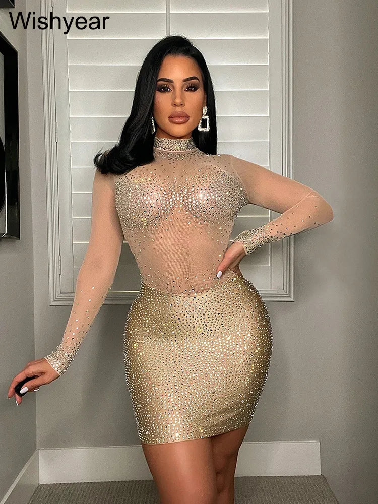 Wishyear Crystal Mesh Sheer Black Long Sleeve Bodycon Short Dress for