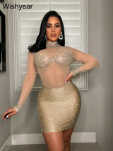 Wishyear Crystal Mesh Sheer Black Long Sleeve Bodycon Short Dress for
