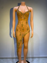 Sparkly Rhinestone V Neck Stretch Mesh Sexy See Through Dress Women - stylishhomedecor2024.com