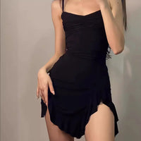 Spicy Girl Retro Black Niche Floral Slit Dress, Popular Short Skirt - stylishhomedecor2024.com