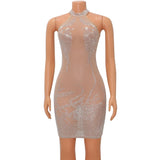 Sexy Mesh Rhinestone Short Prom Evening Mini Dress See Through Outfits