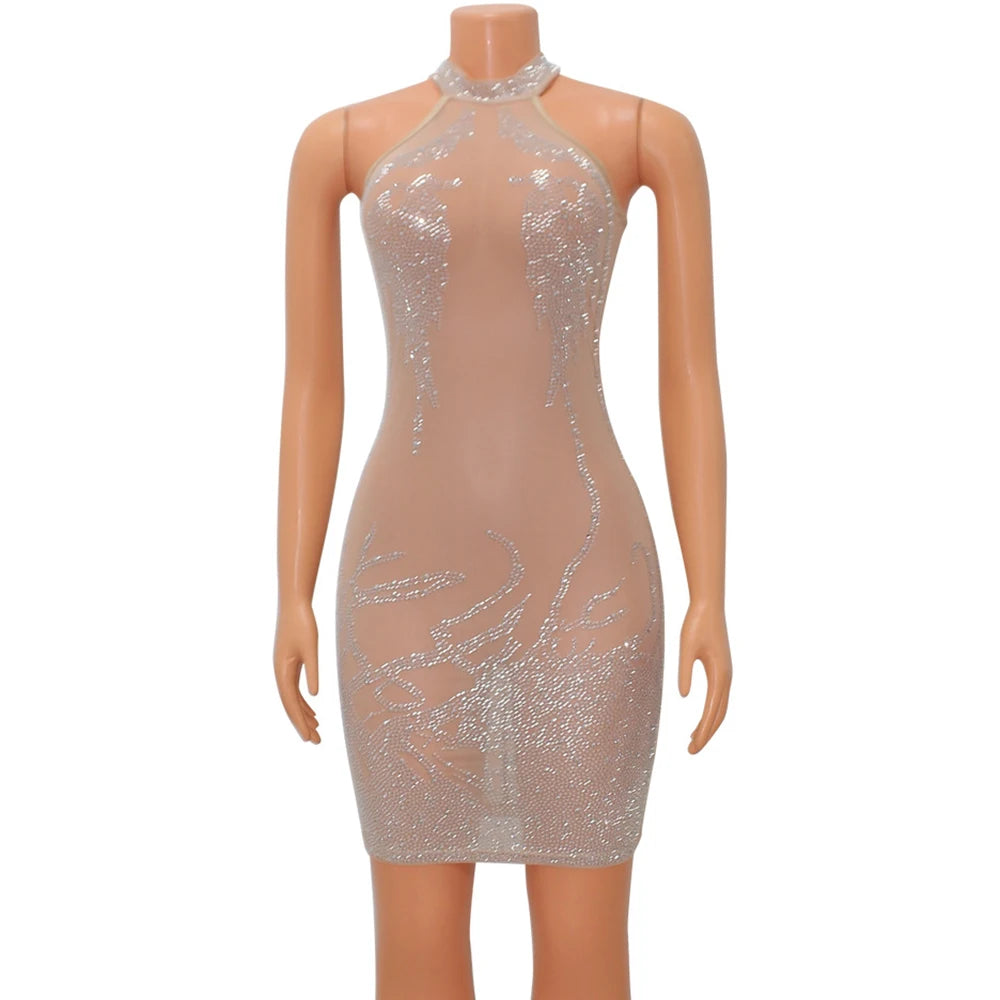 Sexy Mesh Rhinestone Short Prom Evening Mini Dress See Through Outfits