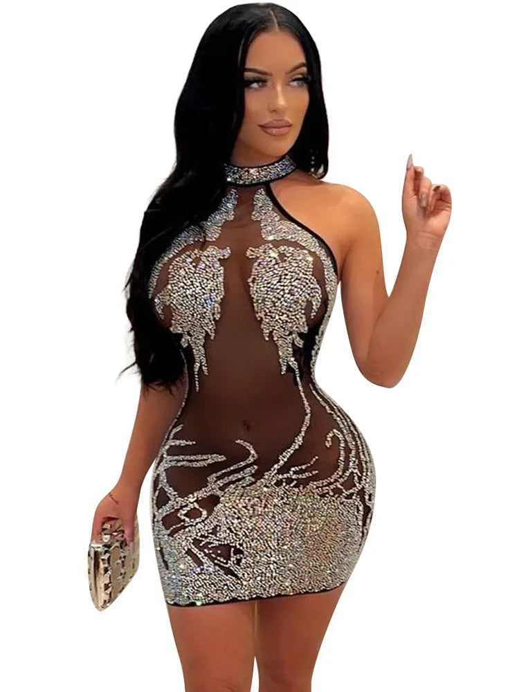 Sexy Mesh Rhinestone Short Prom Evening Mini Dress See Through Outfits