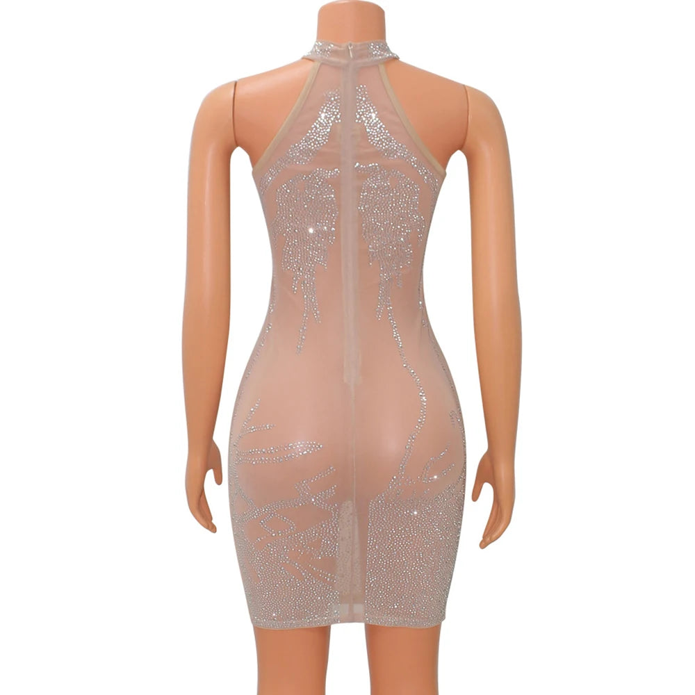 Sexy Mesh Rhinestone Short Prom Evening Mini Dress See Through Outfits