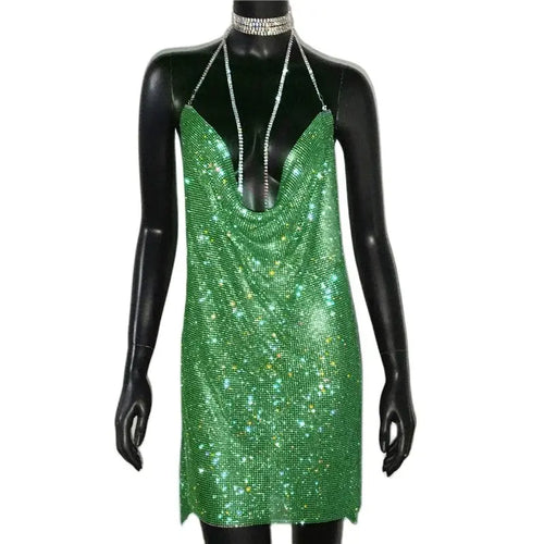 AKYZO 2025 Sexy See Through Shining Rhinestone Mini Dress Women