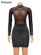 Wishyear Crystal Mesh Sheer Black Long Sleeve Bodycon Short Dress for