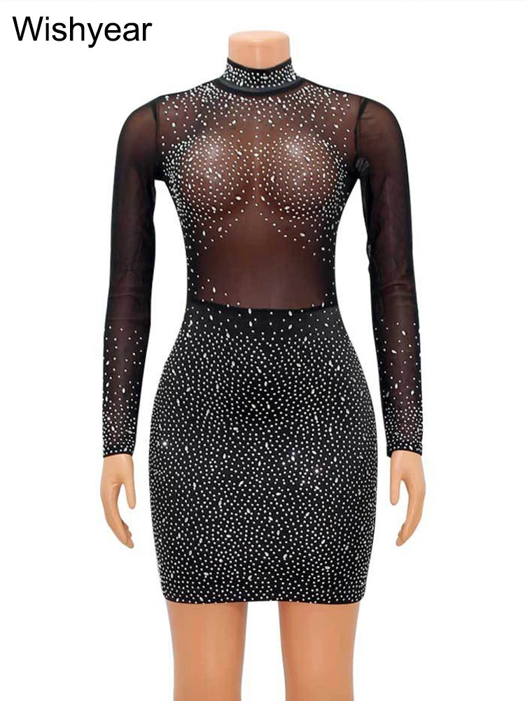 Wishyear Crystal Mesh Sheer Black Long Sleeve Bodycon Short Dress for