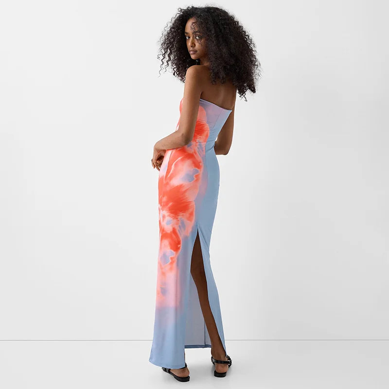 Sexy Strapless Print Tube Maxi Dress Women Off Shoulder Backless - stylishhomedecor2024.com