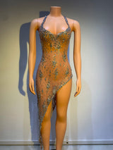 Sparkly Rhinestone V Neck Stretch Mesh Sexy See Through Dress Women - stylishhomedecor2024.com