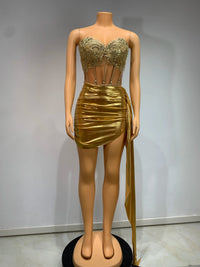 Women Glitter Top Two Pieces Short Skirt Sets Sexy Strapless Sequins Rhinestone Luxury Gold Dress Design 2024 Stage Show Outfit - stylishhomedecor2024.com