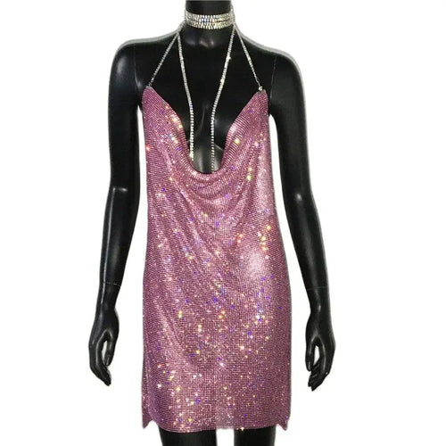 AKYZO 2025 Sexy See Through Shining Rhinestone Mini Dress Women
