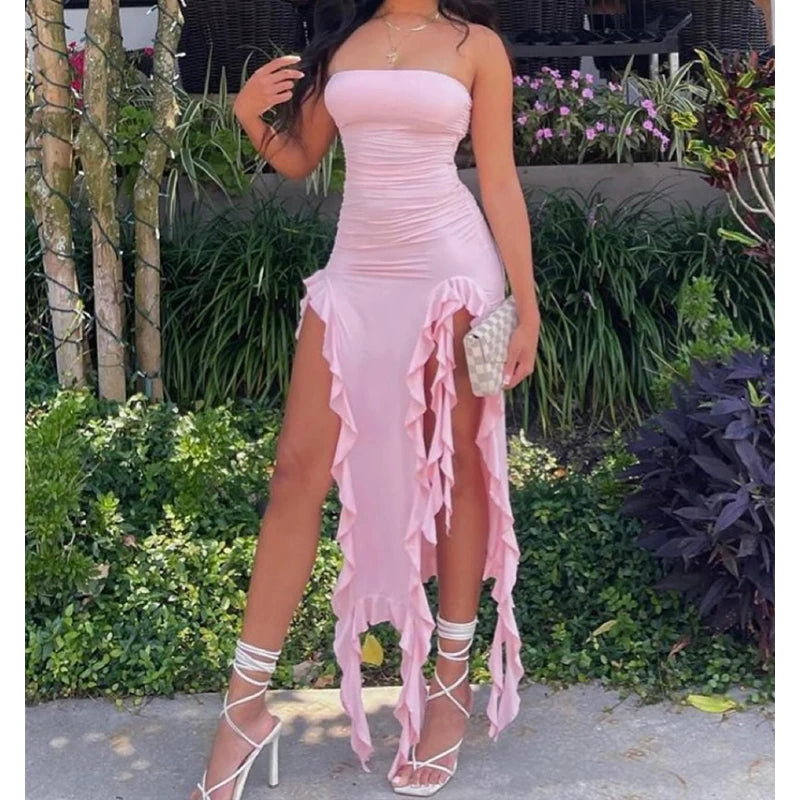 Women Strapless Sexy Floral Fold Hemline High Slit Mini Dress 2024 - stylishhomedecor2024.com