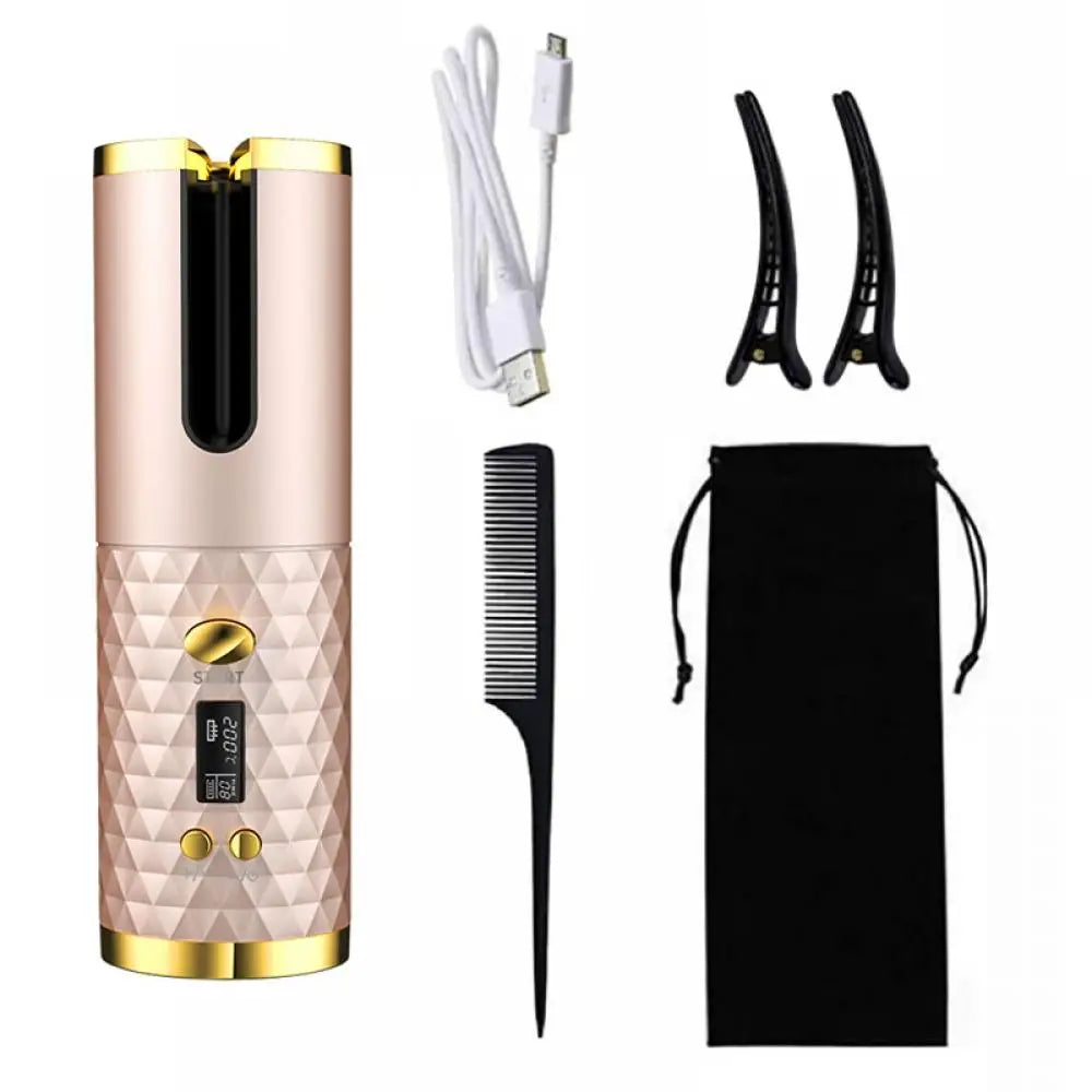 Woman using cordless hair curler at home
